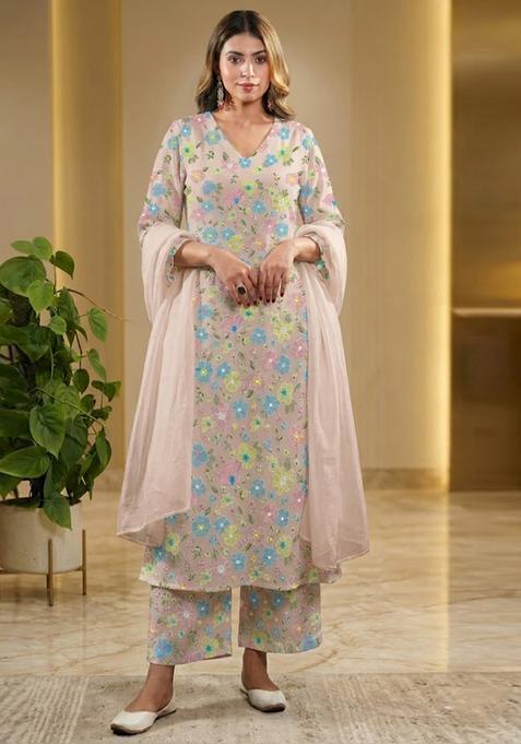 Blush Pink Embroidered Net Kurta Set