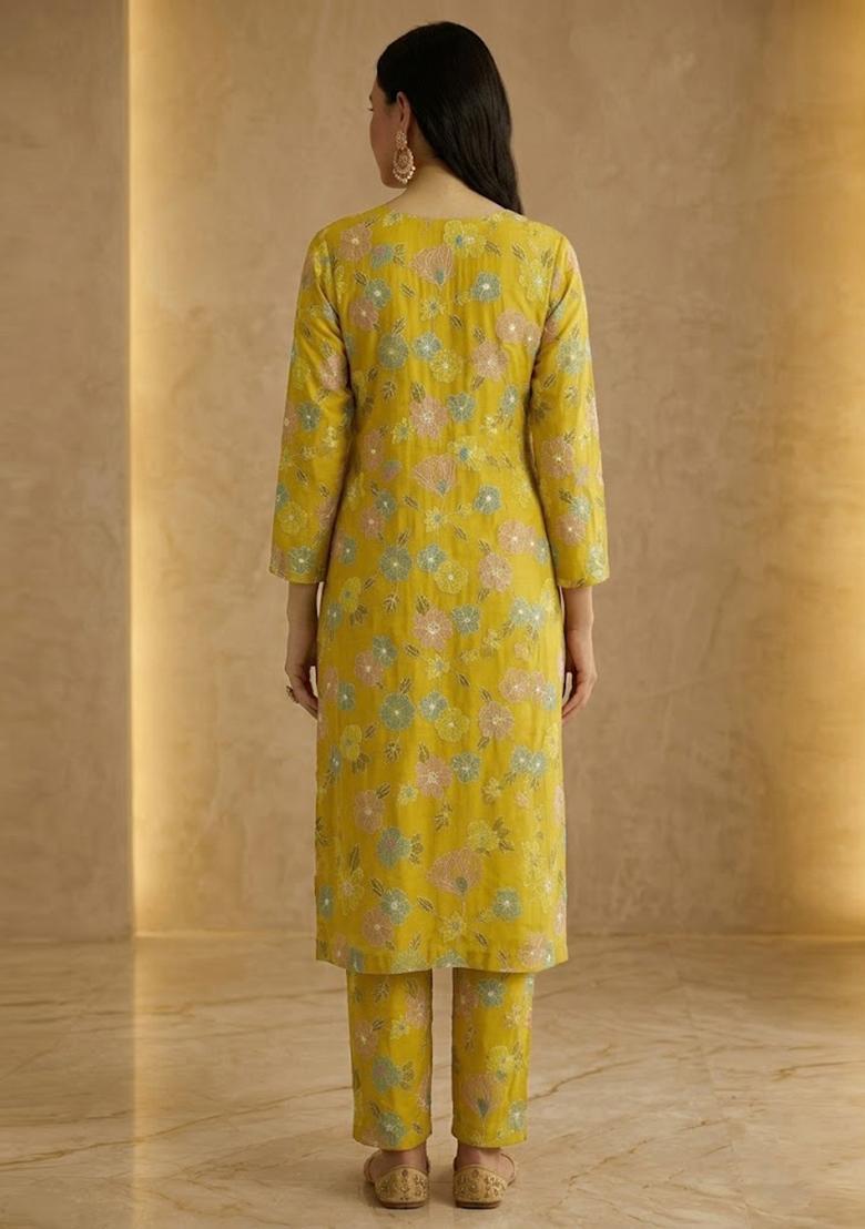 Mustard Yellow Embroidered Chinon Kurta Set - Indya
