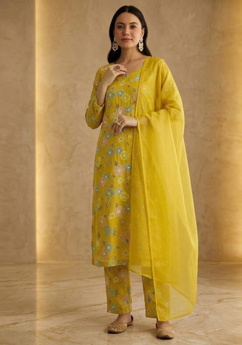 Mustard Yellow Embroidered Chinon Kurta Set