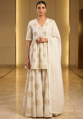 Off White Printed Crepe Sharara Set