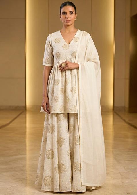 Off White Printed Crepe Sharara Set