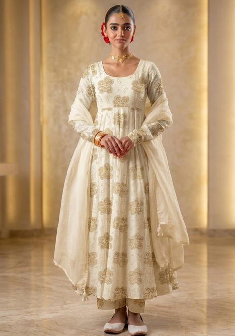 Off White Printed Crepe Anarkali Set