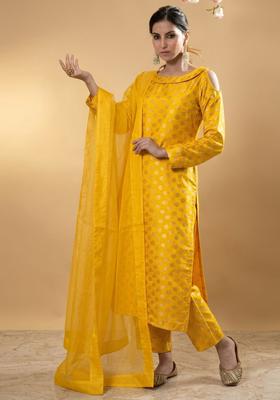 Bright Yellow Printed Crepe Kurta Set