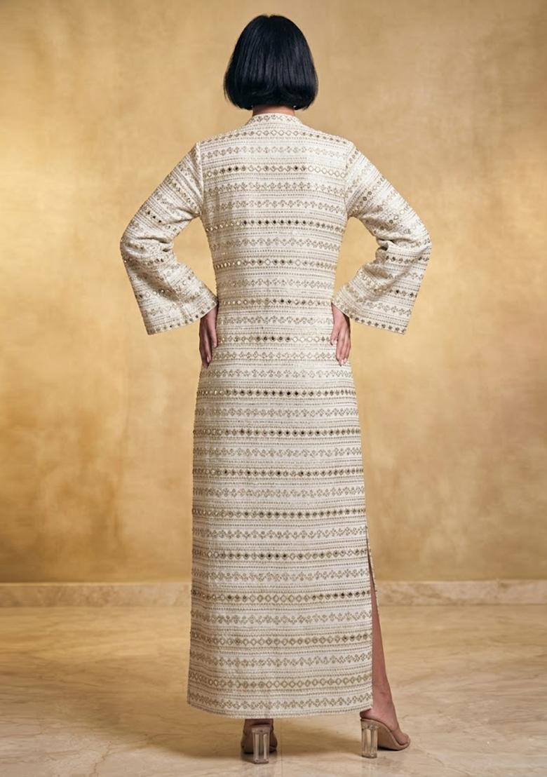 Off White Embroidered Georgette Anarkali - Indya