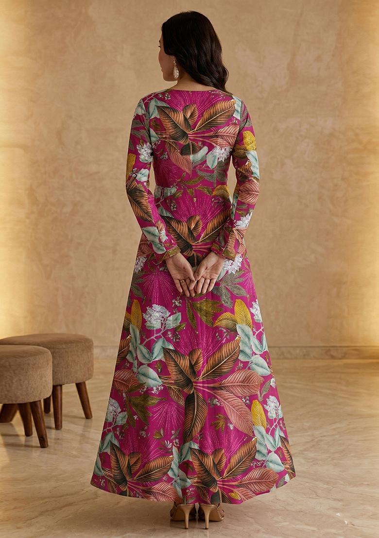 Magenta Pink Printed Crepe Anarkali with Dupatta - Indya