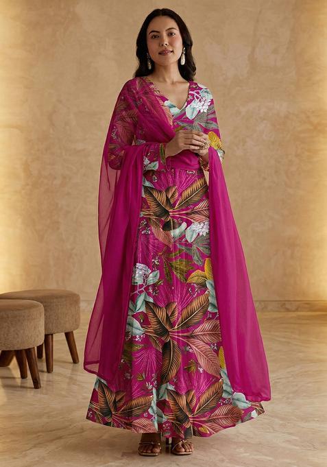 Magenta Pink Printed Crepe Anarkali with Dupatta