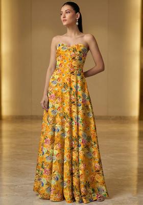 Mustard Yellow Printed Crepe Fusion Set