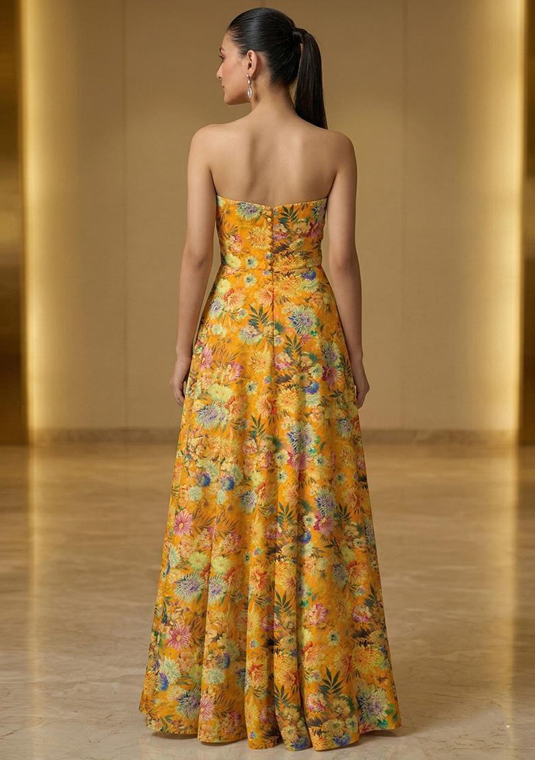Mustard Yellow Printed Crepe Fusion Set - Indya