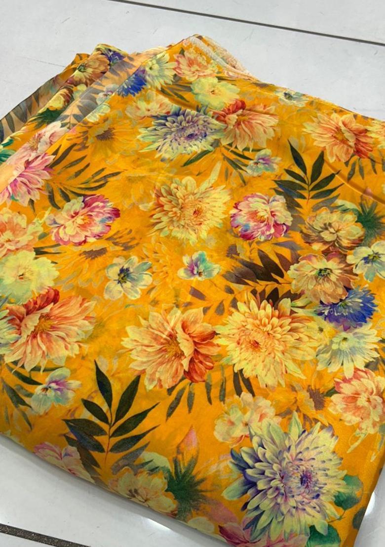 Mustard Yellow Printed Crepe Fusion Set - Indya