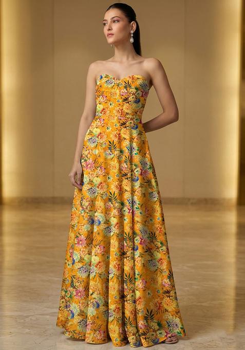 Mustard Yellow Printed Crepe Fusion Set