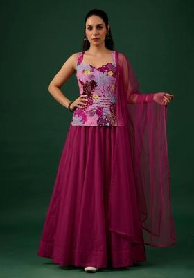Magenta Pink Printed Crepe Lehenga Set
