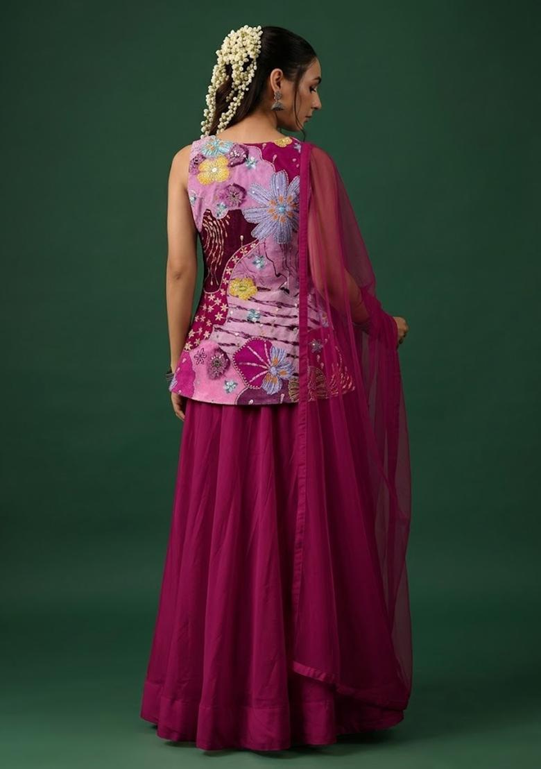 Magenta Pink Printed Crepe Lehenga Set - Indya
