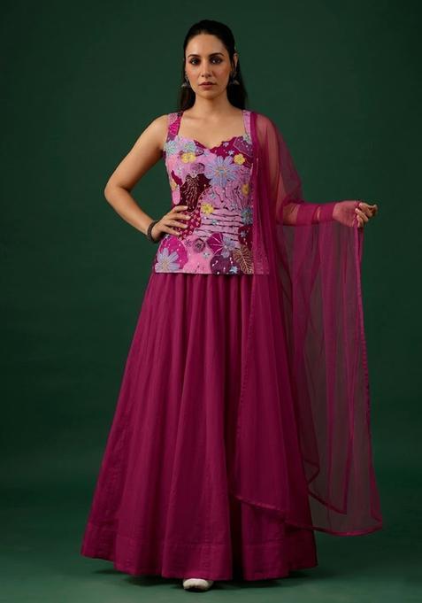 Magenta Pink Printed Crepe Lehenga Set