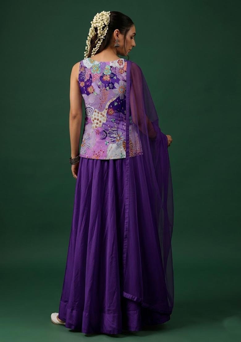 Violet Purple Printed Crepe Lehenga Set - Indya