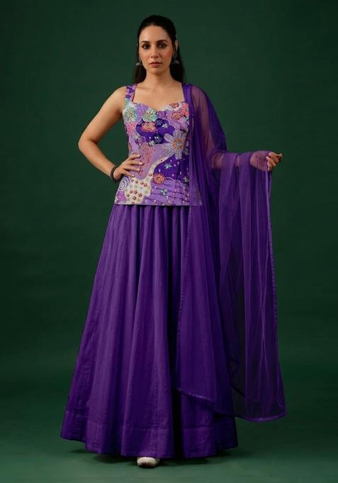 Violet Purple Printed Crepe Lehenga Set