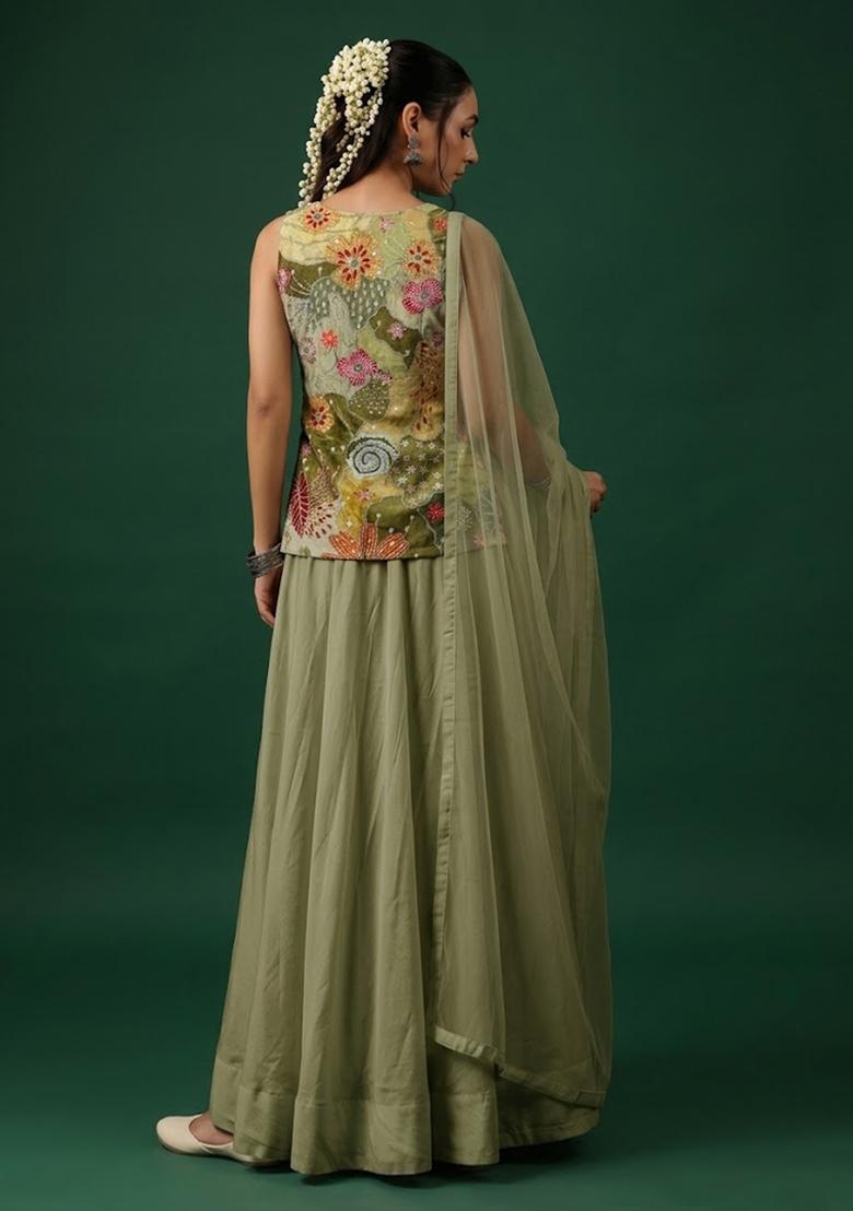 Sage Green Printed Crepe Lehenga Set - Indya