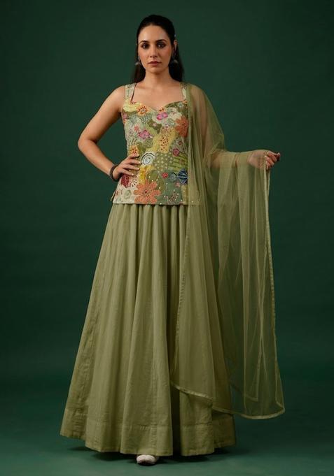 Sage Green Printed Crepe Lehenga Set