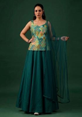 Teal Green Printed Crepe Lehenga Set