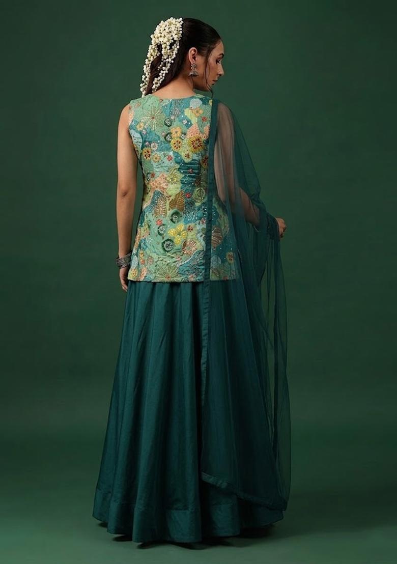 Teal Green Printed Crepe Lehenga Set - Indya