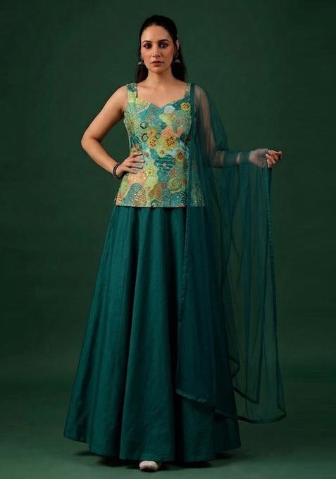 Teal Green Printed Crepe Lehenga Set
