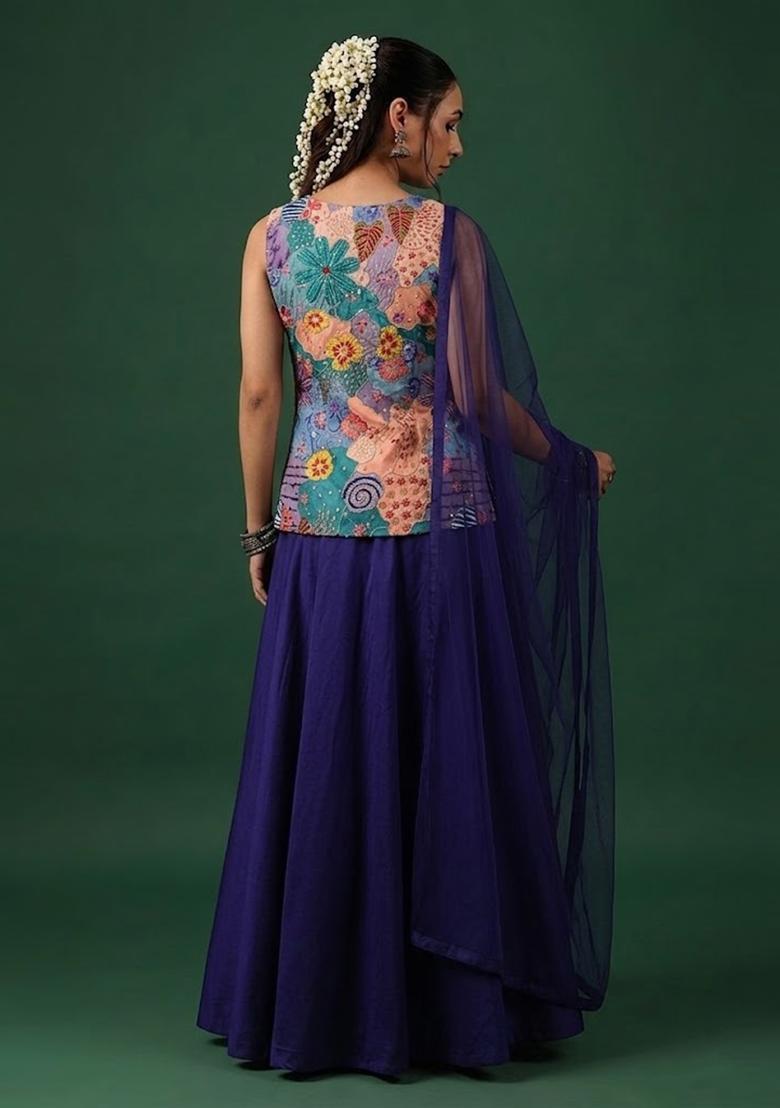 Royal Blue Printed Crepe Lehenga Set - Indya