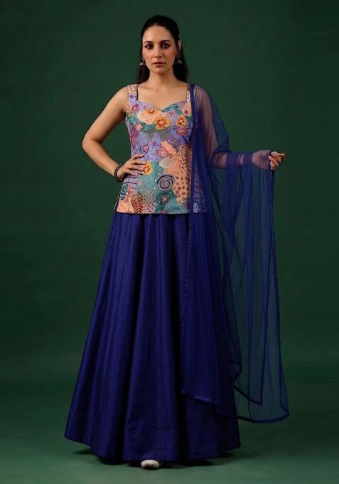 Royal Blue Printed Crepe Lehenga Set