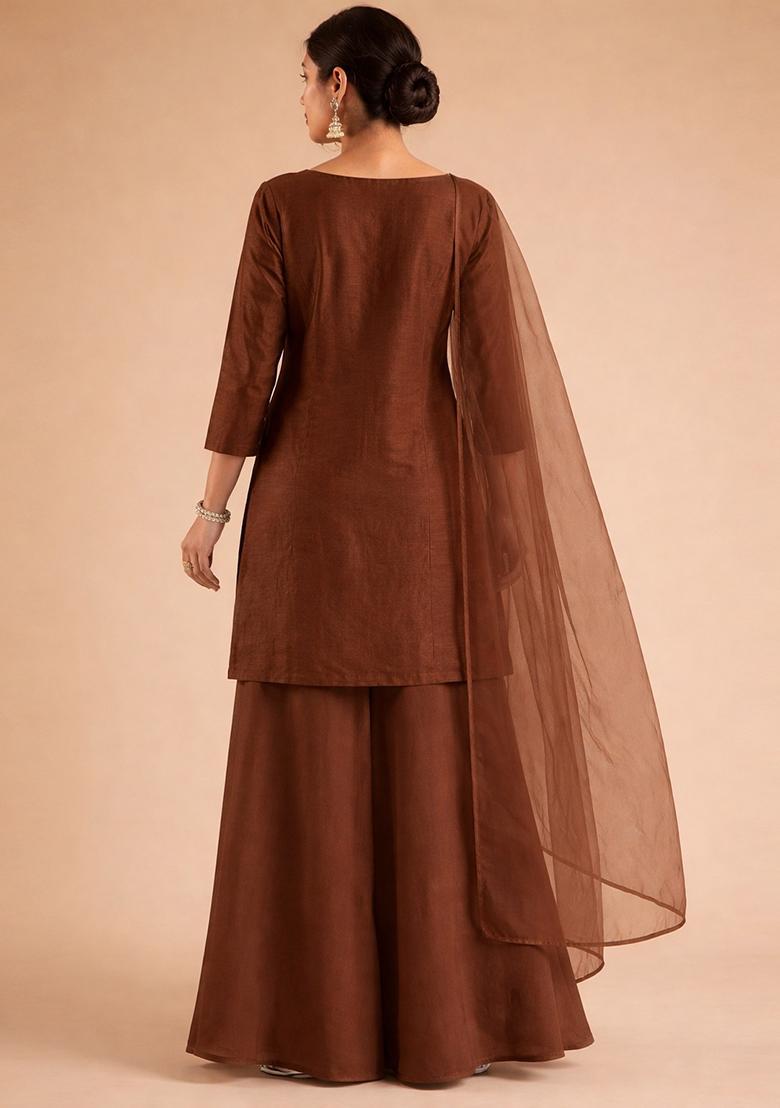 Chocolate Brown Embroidered Cosmos Sharara Set - Indya