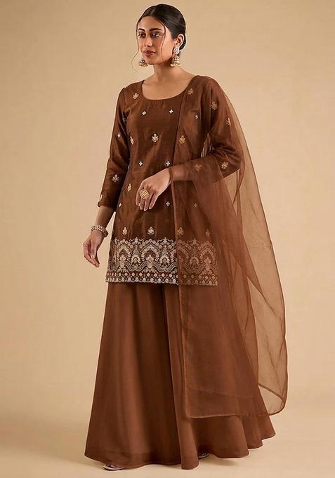 Chocolate Brown Embroidered Cosmos Sharara Set