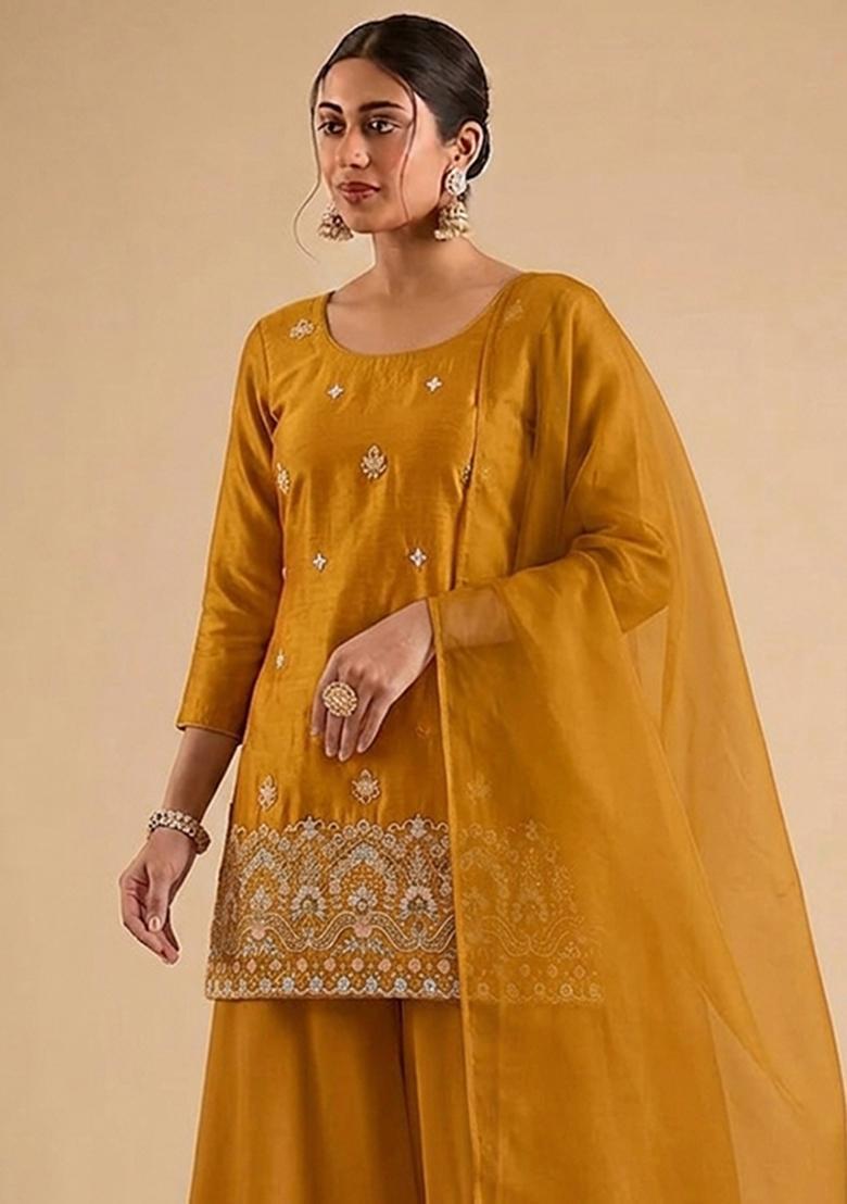 Mustard Yellow Embroidered Cosmos Sharara Set - Indya