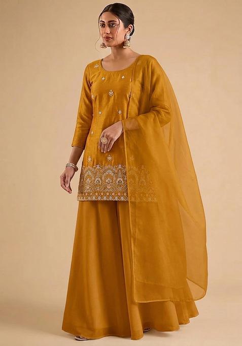 Mustard Yellow Embroidered Cosmos Sharara Set