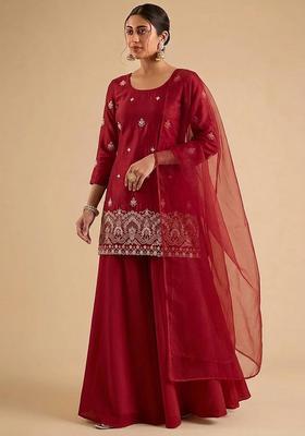 Crimson Red Embroidered Cosmos Sharara Set