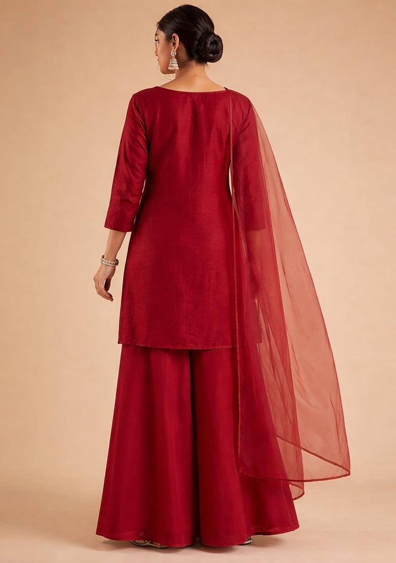 Crimson Red Embroidered Cosmos Sharara Set - Indya