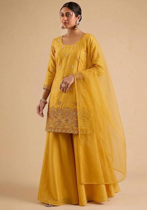 Mustard Yellow Embroidered Cosmos Sharara Set