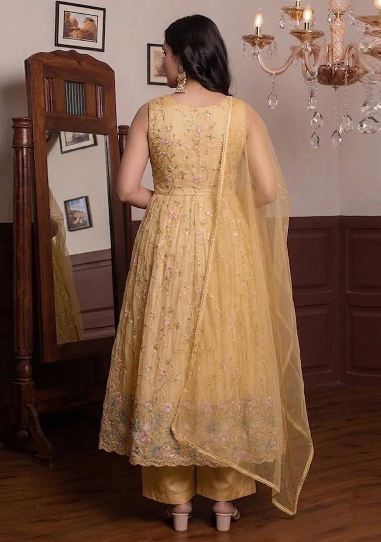 Light Golden Embroidered Cosmos Anarkali Set - Indya