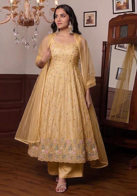 Light Golden Embroidered Cosmos Anarkali Set