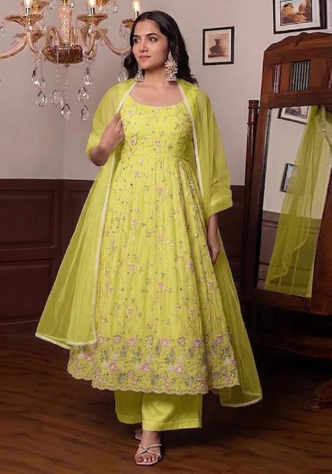 Lime Yellow Embroidered Cosmos Anarkali Set