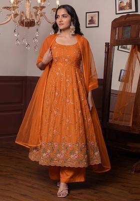 Rust Orange Embroidered Cosmos Anarkali Set