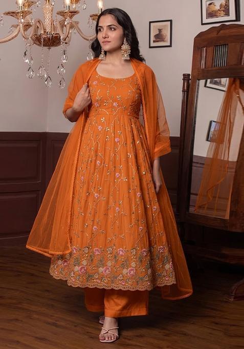 Rust Orange Embroidered Cosmos Anarkali Set