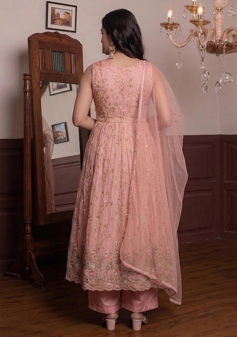 Rose Pink Embroidered Cosmos Anarkali Set - Indya
