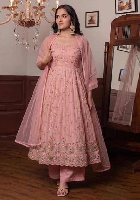 Rose Pink Embroidered Cosmos Anarkali Set