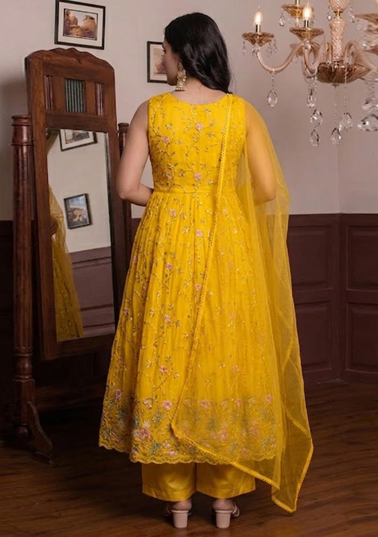 Mustard Yellow Embroidered Cosmos Anarkali Set - Indya