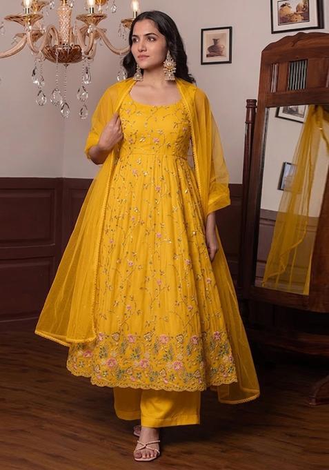 Mustard Yellow Embroidered Cosmos Anarkali Set