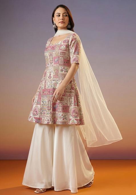 Off White Printed Crepe Sharara Set