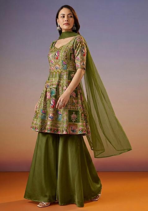 Mehendi Green Printed Crepe Sharara Set