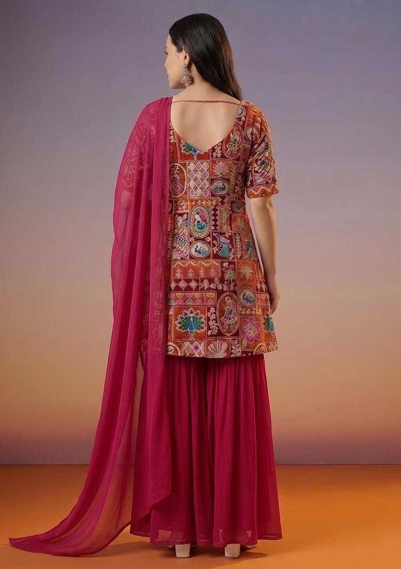 Rani Pink Printed Crepe Sharara Set - Indya