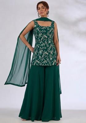 Bottle Green Printed Crepe Sharara Set