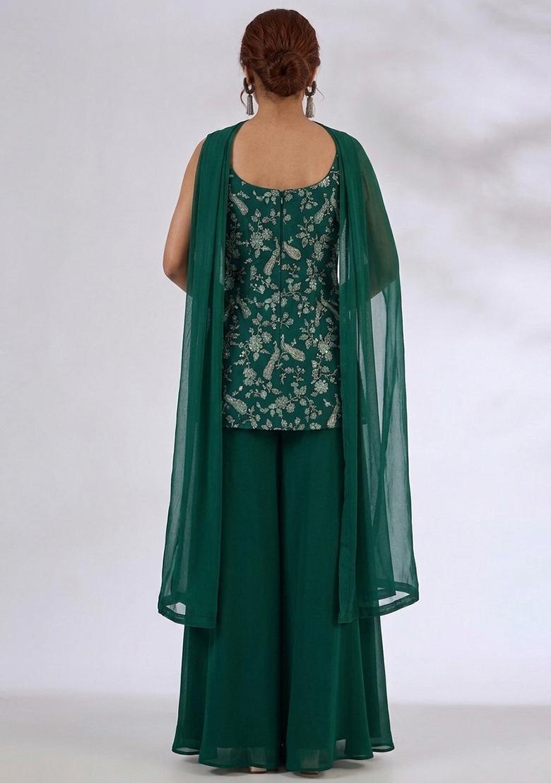 Bottle Green Printed Crepe Sharara Set - Indya
