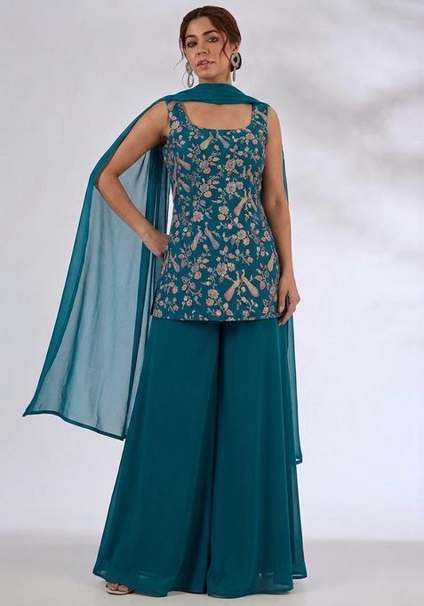 Teal Green Printed Crepe Sharara Set
