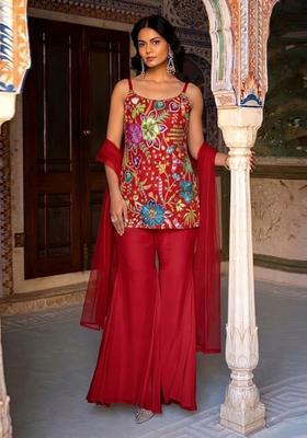 Bright Red Printed Crepe Kurta Set