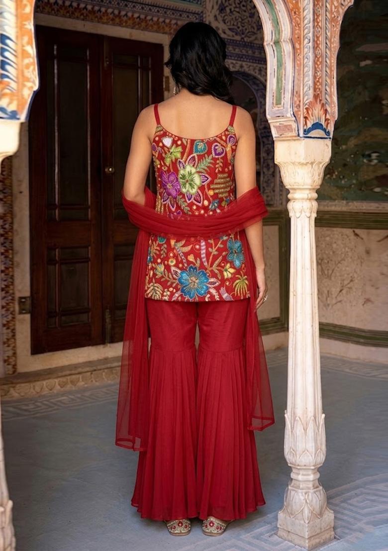 Bright Red Printed Crepe Kurta Set - Indya